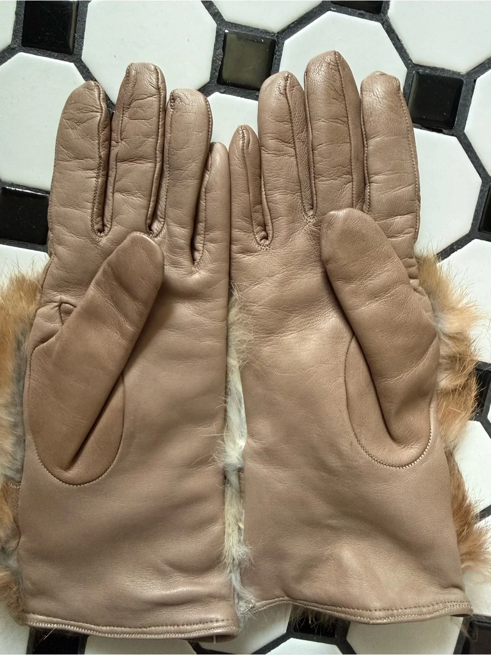 Vintage Rabbit fur leather gloves size 7 100% cashmere lining Made in Italy